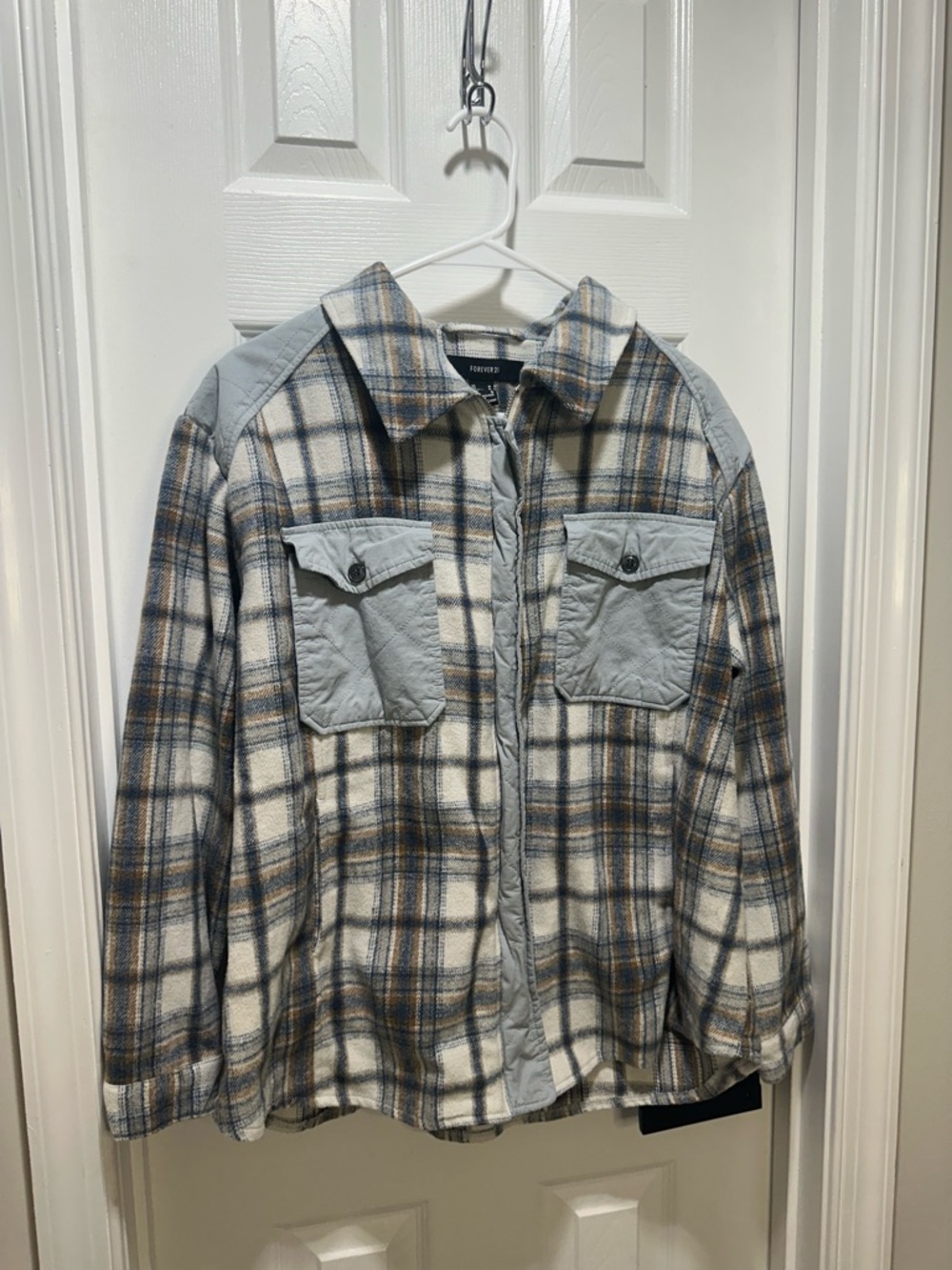 Forever 21 Cream Plaid Jacket with Blue and Tan Accents